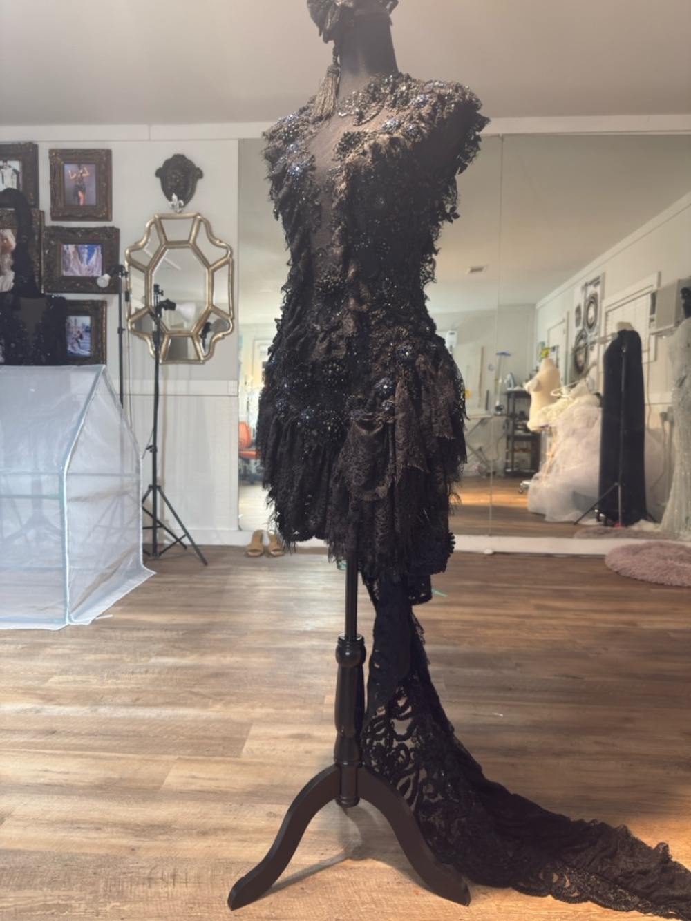 Black Embellished Lace Evening Gown with Dramatic Train